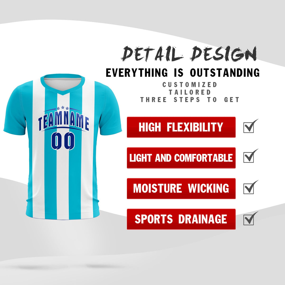 Custom White Sky Blue Vertical Stripes Casual Outdoor Football Kits Jersey