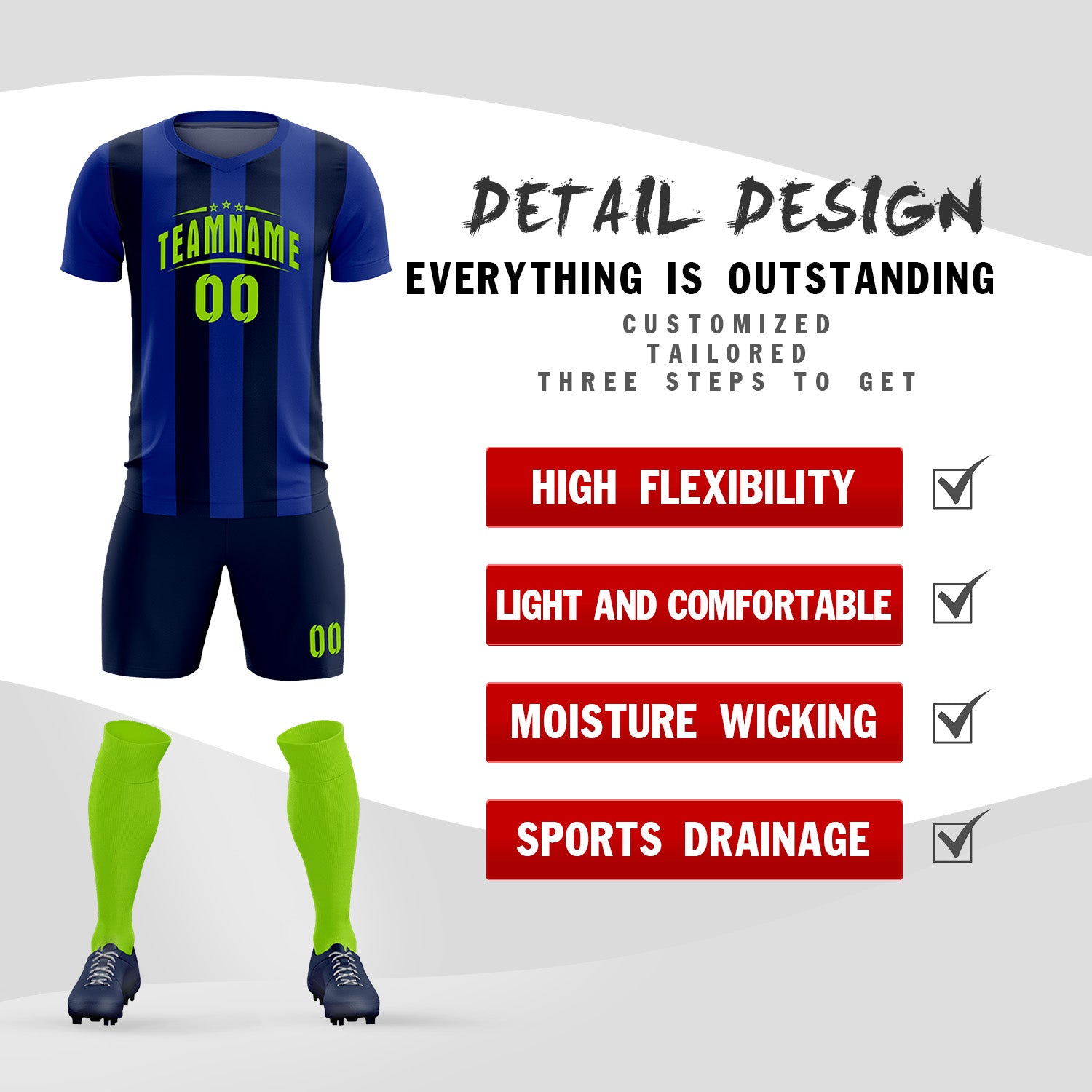 Custom Royal Navy Vertical Stripes Casual Outdoor Football Kits Jersey