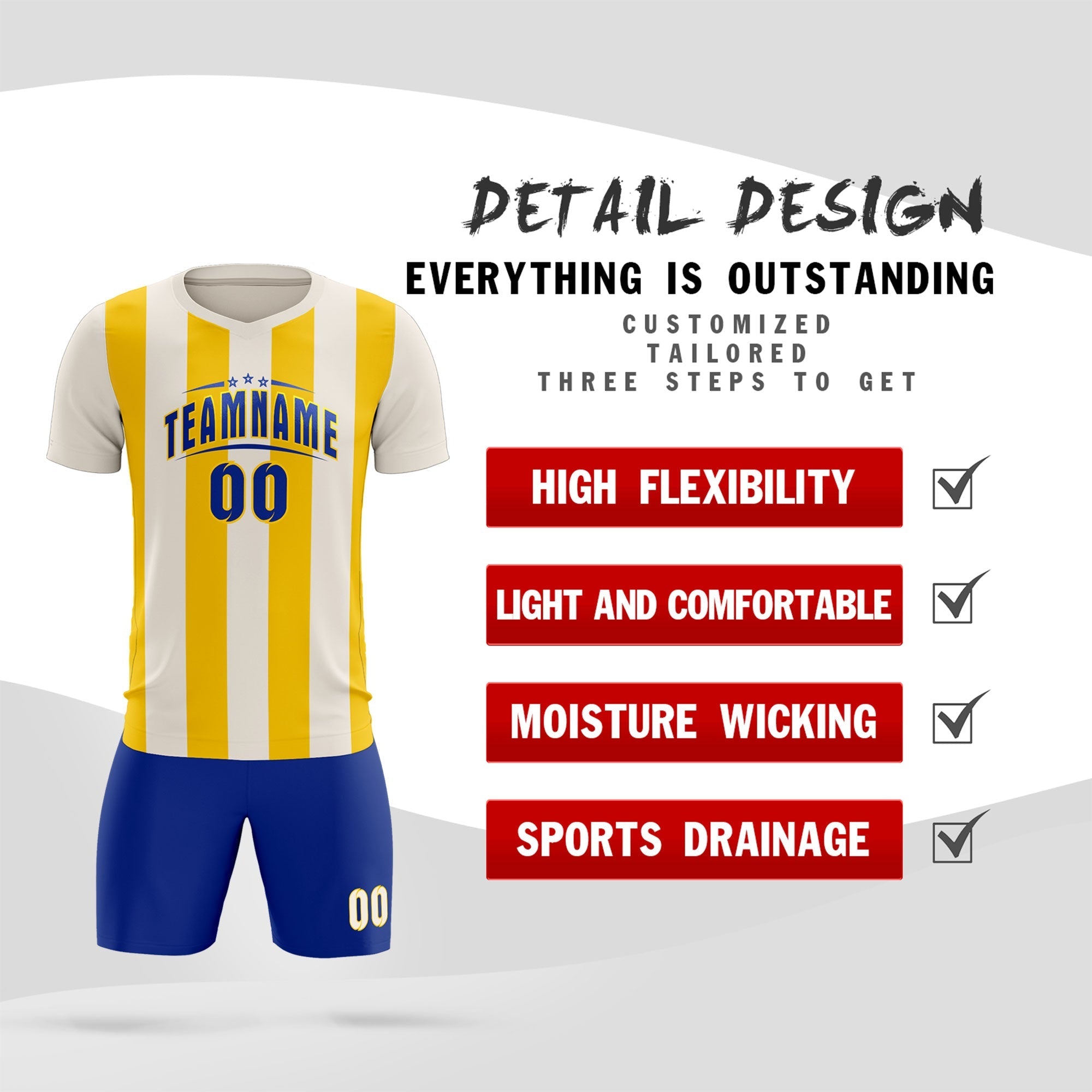 Custom Cream Gold Vertical Stripes Casual Outdoor Football Kits Jersey