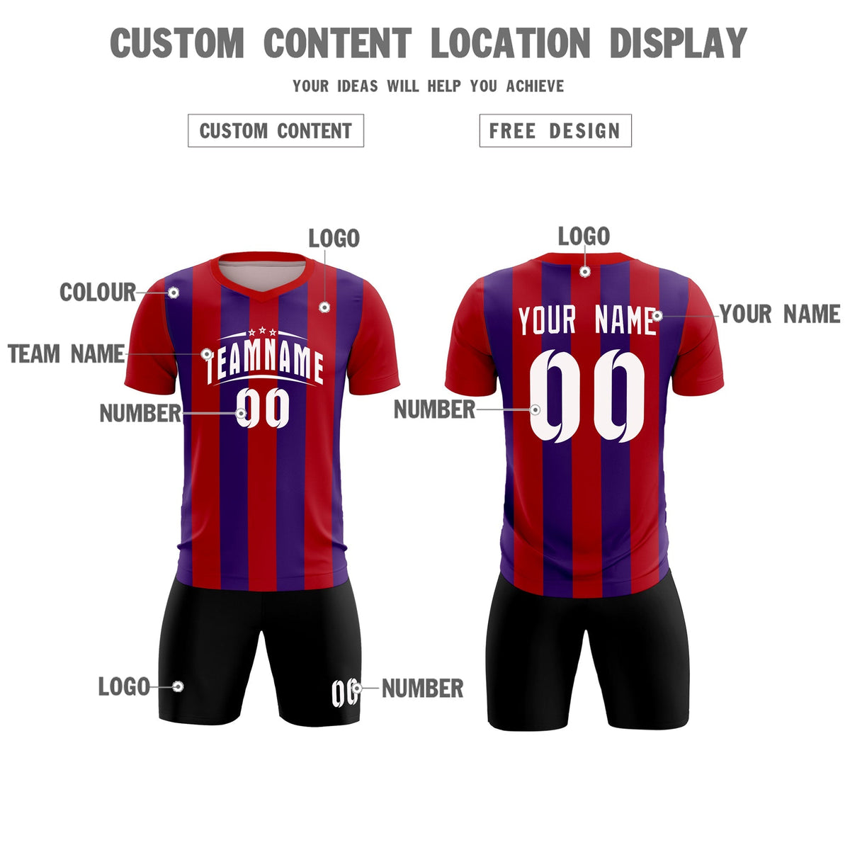 Custom Red Purple Vertical Stripes Casual Outdoor Football Kits Jersey