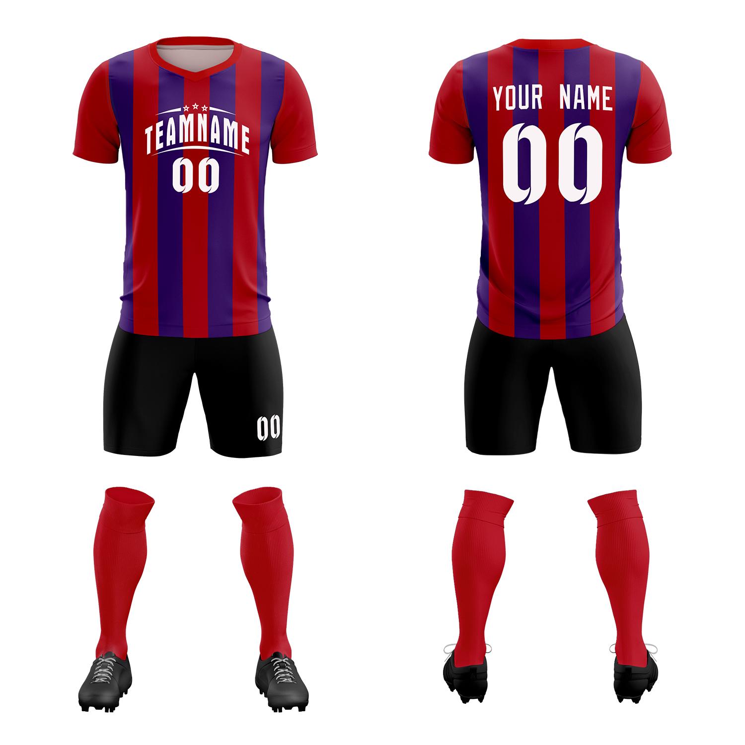 Custom Red Purple Vertical Stripes Casual Outdoor Football Kits Jersey