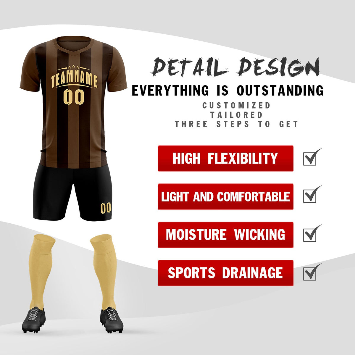 Custom Light Brown Brown Vertical Stripes Casual Outdoor Football Kits Jersey