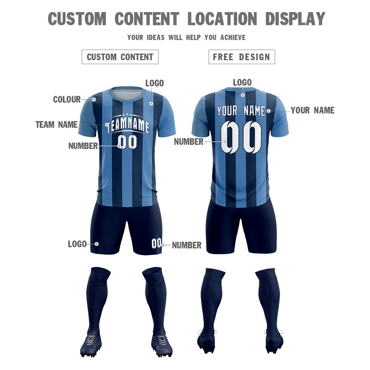 Custom Light Blue Midnight Blue Vertical Stripes Casual Outdoor Football Kits Jersey