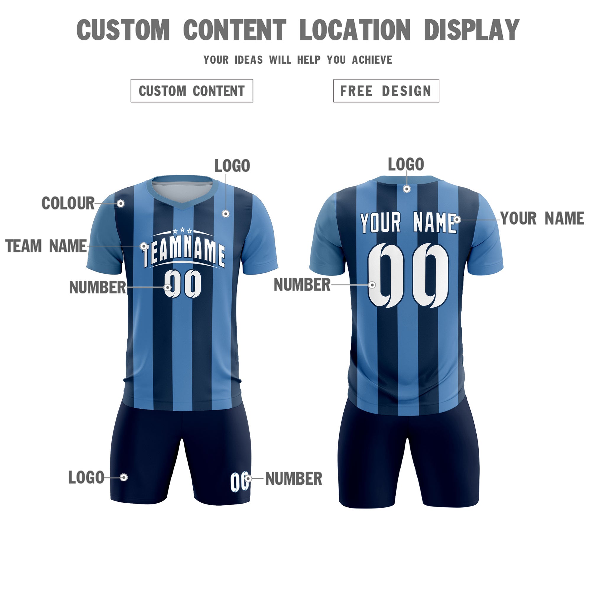 Custom Light Blue Midnight Blue Vertical Stripes Casual Outdoor Football Kits Jersey