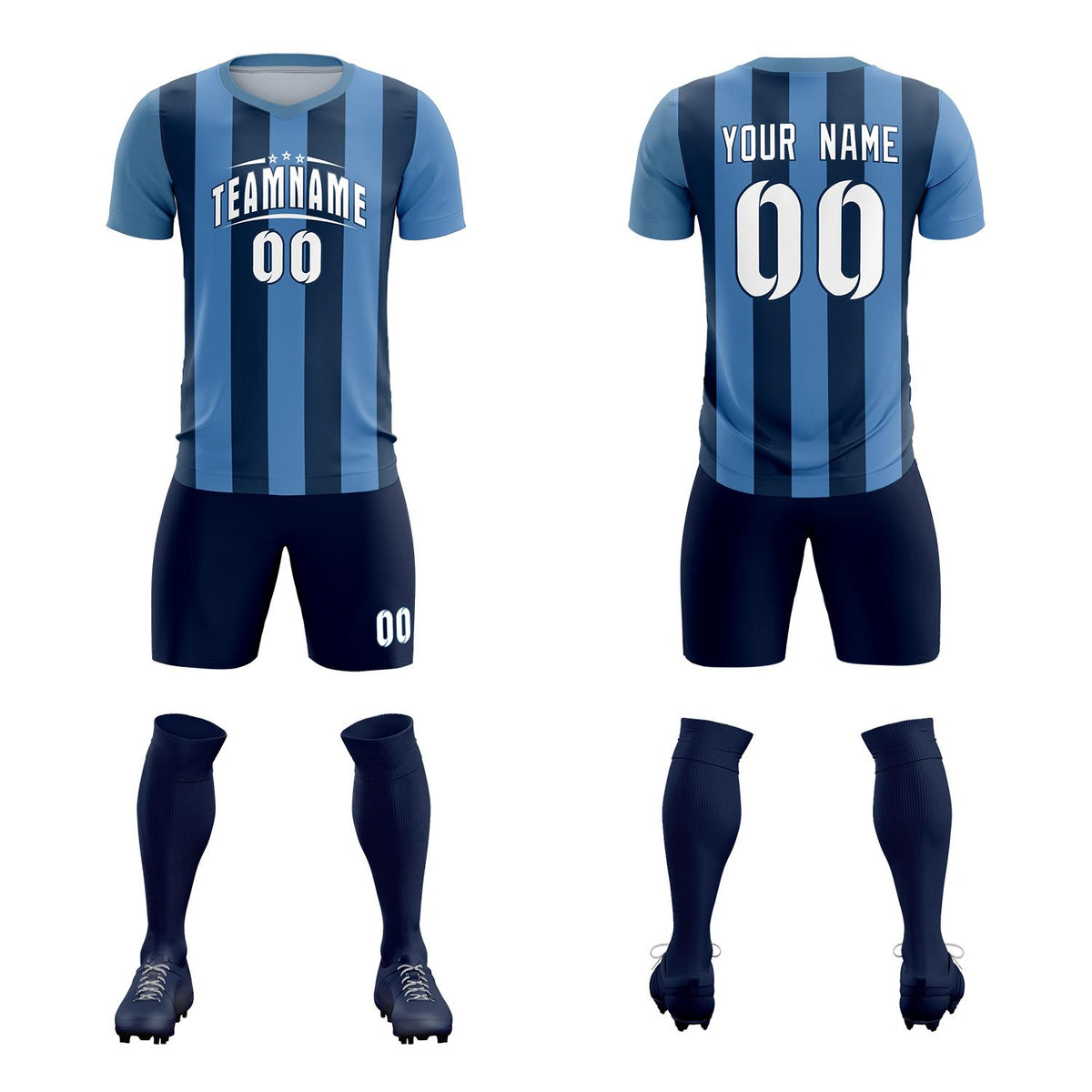 Custom Light Blue Midnight Blue Vertical Stripes Casual Outdoor Football Kits Jersey