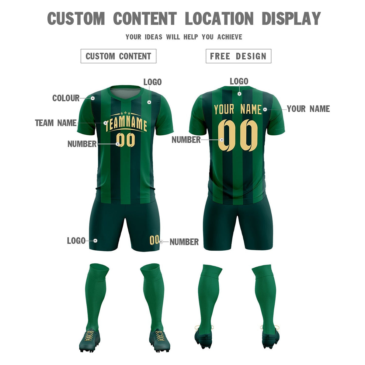 Custom Kelly Green Midnight Green Vertical Stripes Casual Outdoor Football Kits Jersey