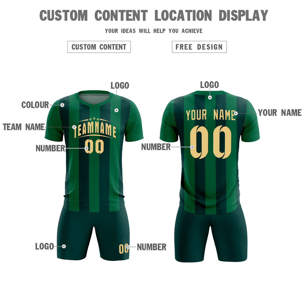 Custom Kelly Green Midnight Green Vertical Stripes Casual Outdoor Football Kits Jersey