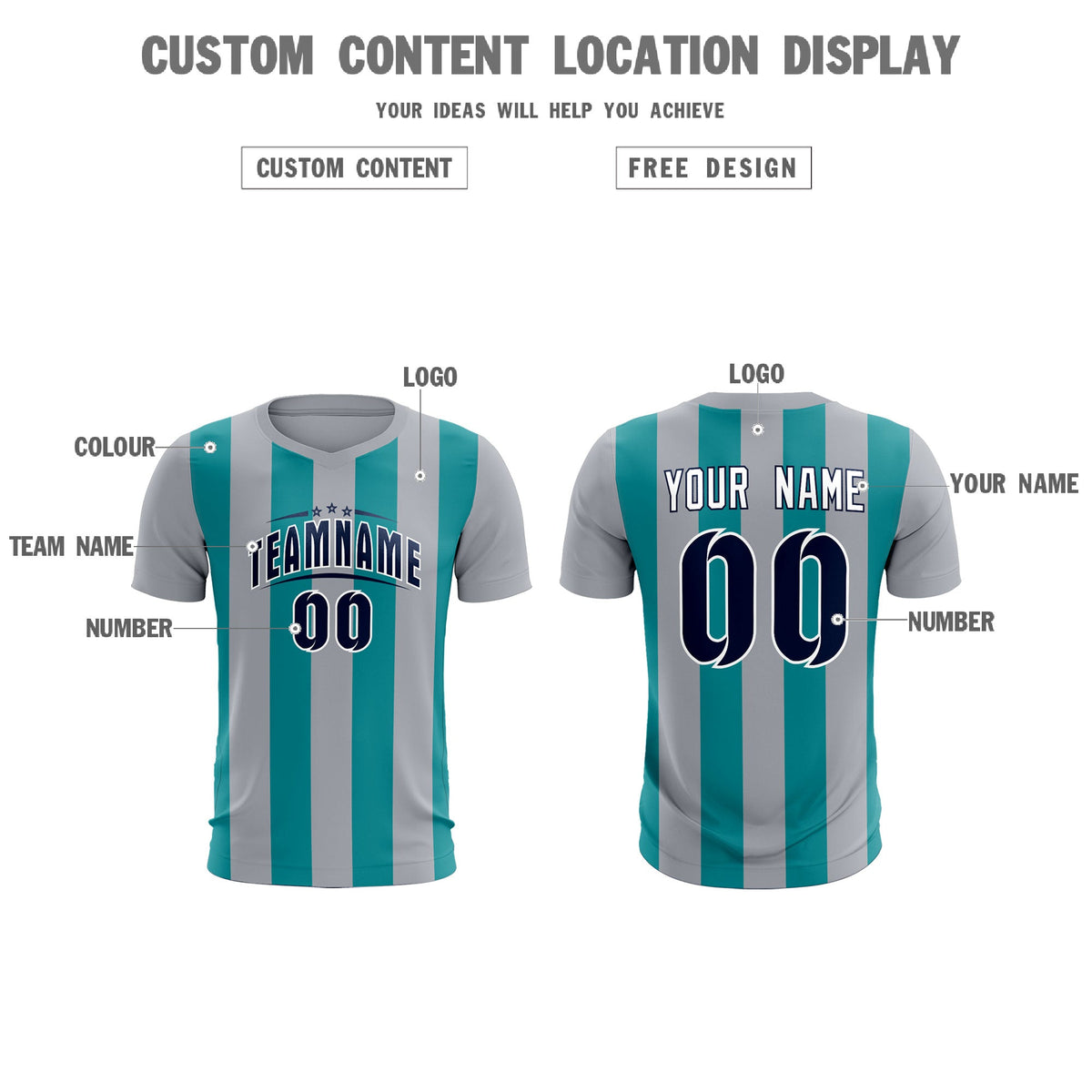 Custom Gray Aqua Vertical Stripes Casual Outdoor Football Kits Jersey