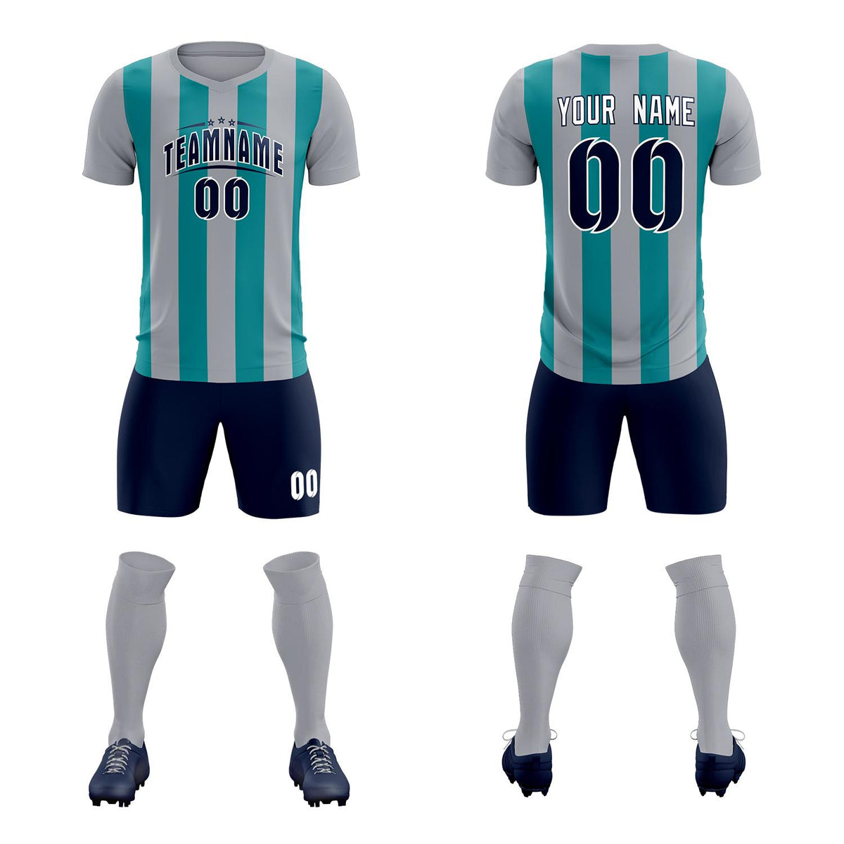Custom Gray Aqua Vertical Stripes Casual Outdoor Football Kits Jersey