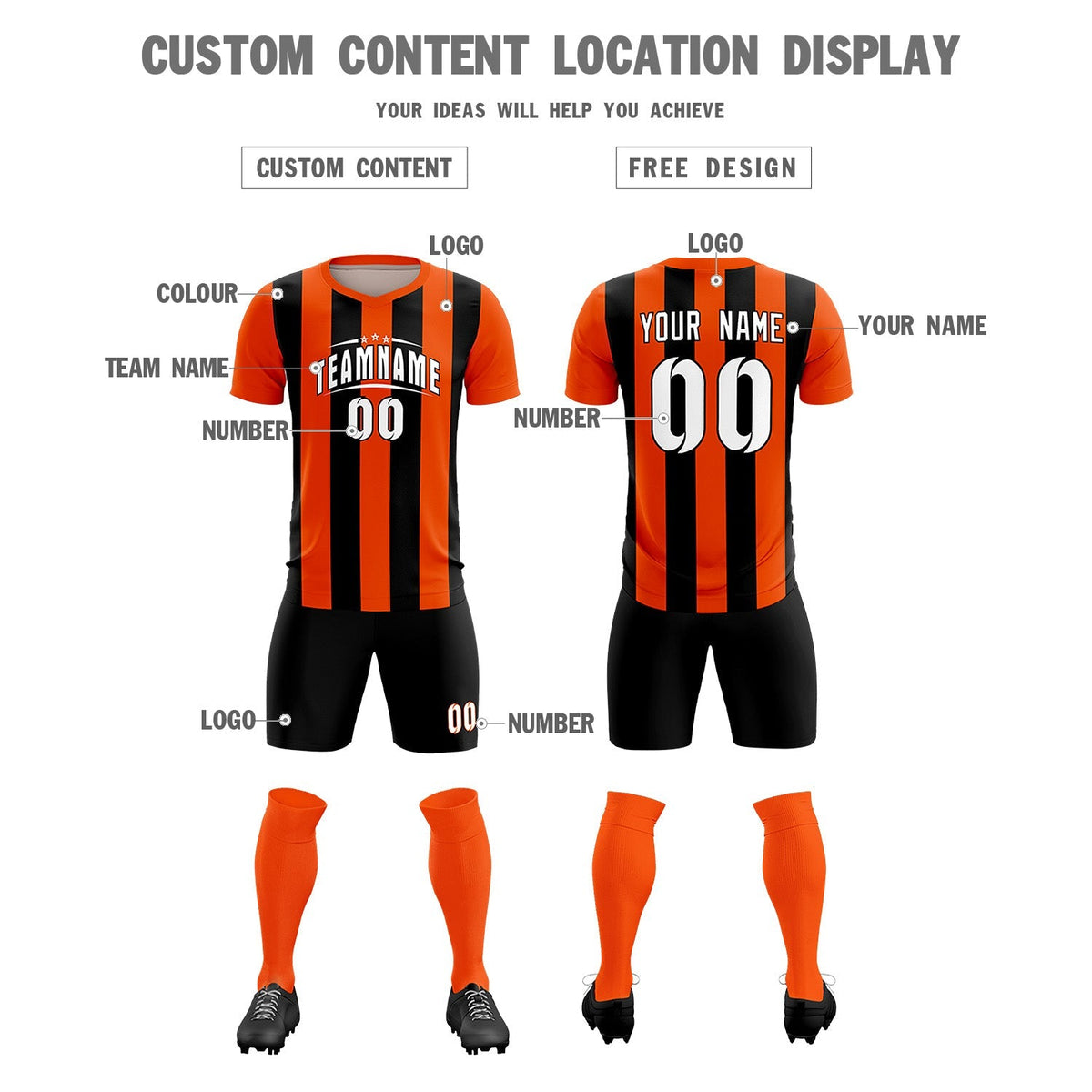 Custom Orange Black Vertical Stripes Casual Outdoor Football Kits Jersey