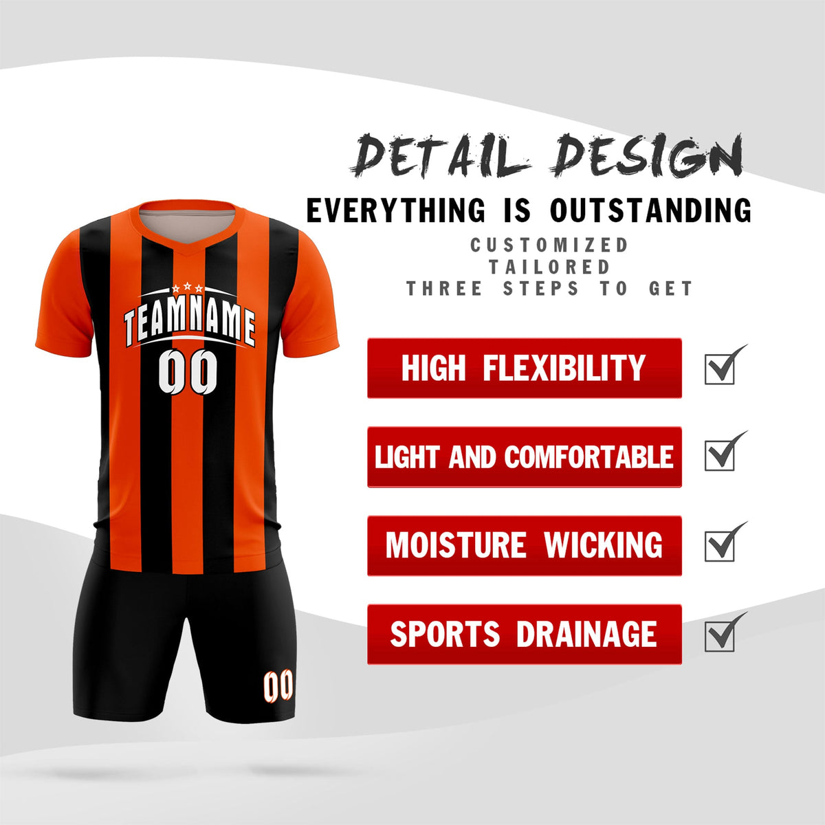 Custom Orange Black Vertical Stripes Casual Outdoor Football Kits Jersey