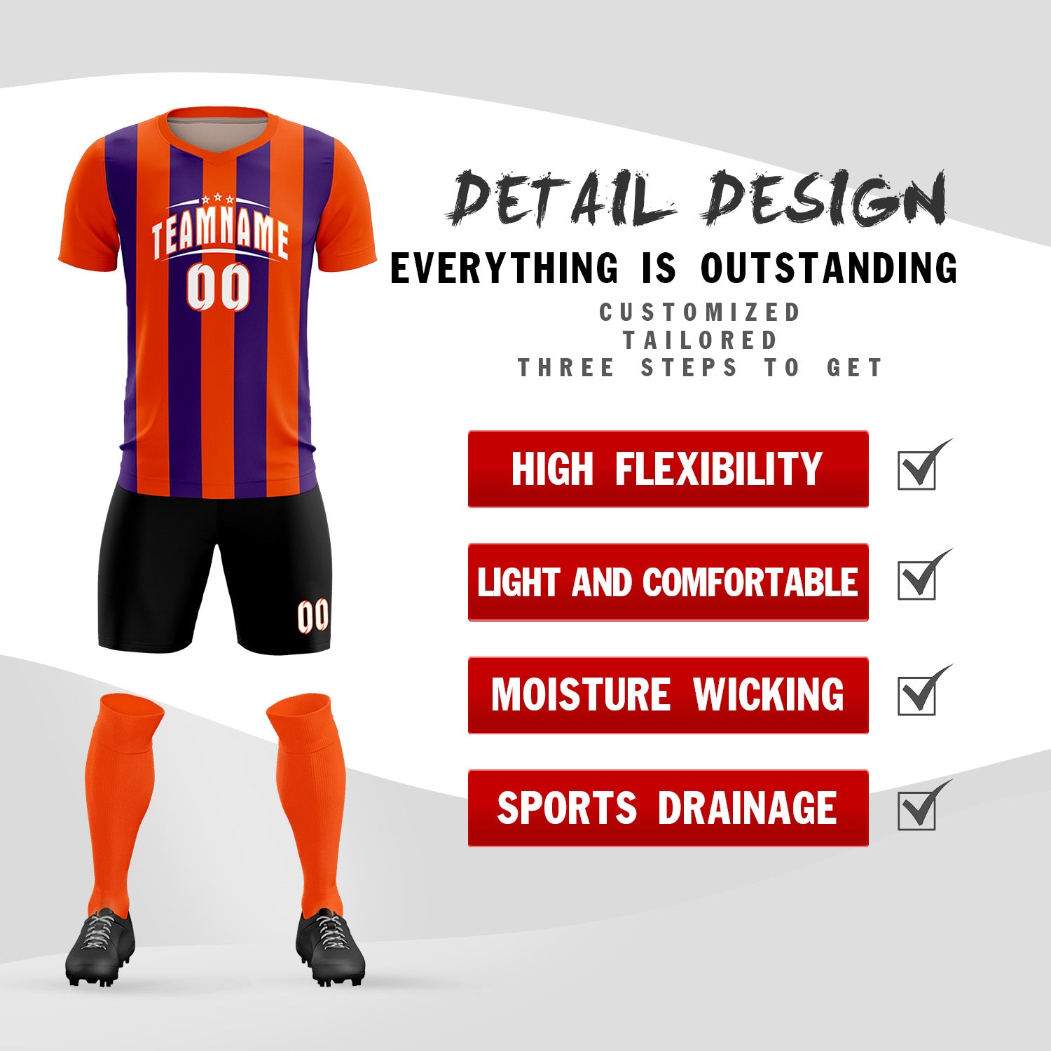 Custom Orange Purple Vertical Stripes Casual Outdoor Football Kits Jersey