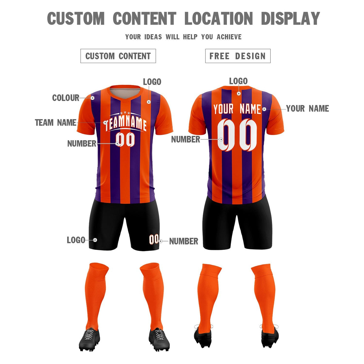 Custom Orange Purple Vertical Stripes Casual Outdoor Football Kits Jersey