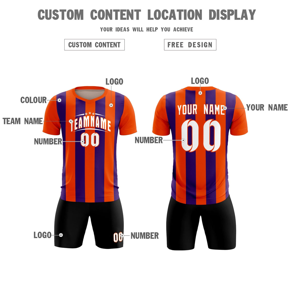 Custom Orange Purple Vertical Stripes Casual Outdoor Football Kits Jersey