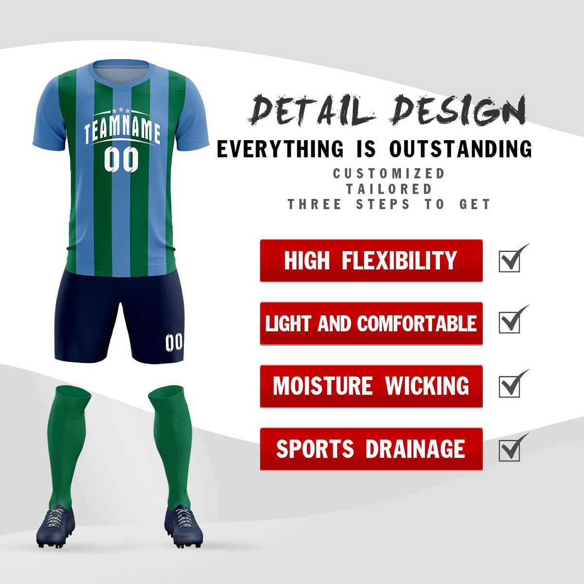 Custom Light Blue Kelly Green Vertical Stripes Casual Outdoor Football Kits Jersey