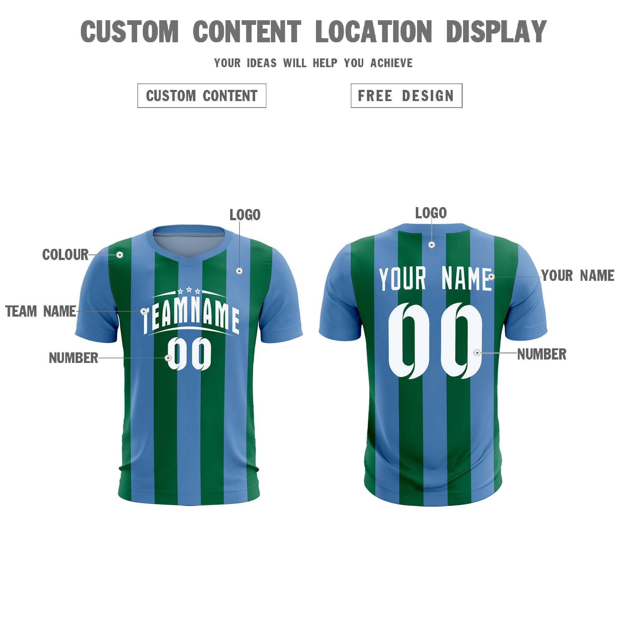 Custom Light Blue Kelly Green Vertical Stripes Casual Outdoor Football Kits Jersey