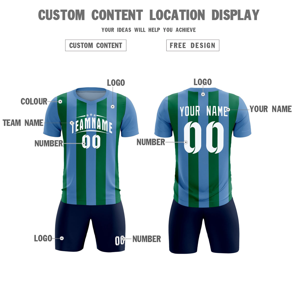 Custom Light Blue Kelly Green Vertical Stripes Casual Outdoor Football Kits Jersey