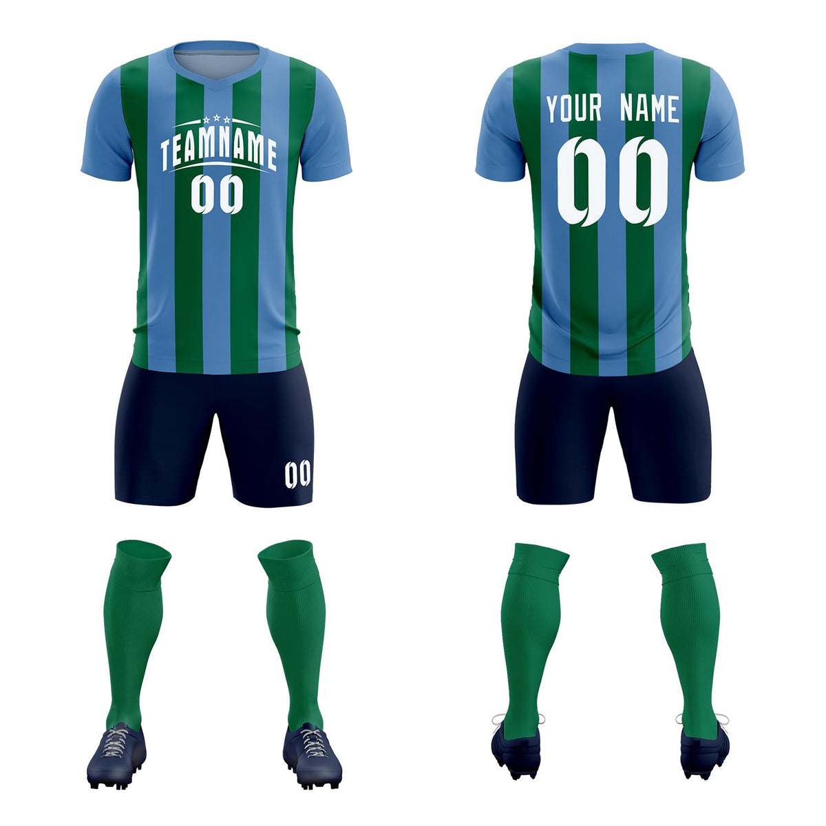 Custom Light Blue Kelly Green Vertical Stripes Casual Outdoor Football Kits Jersey