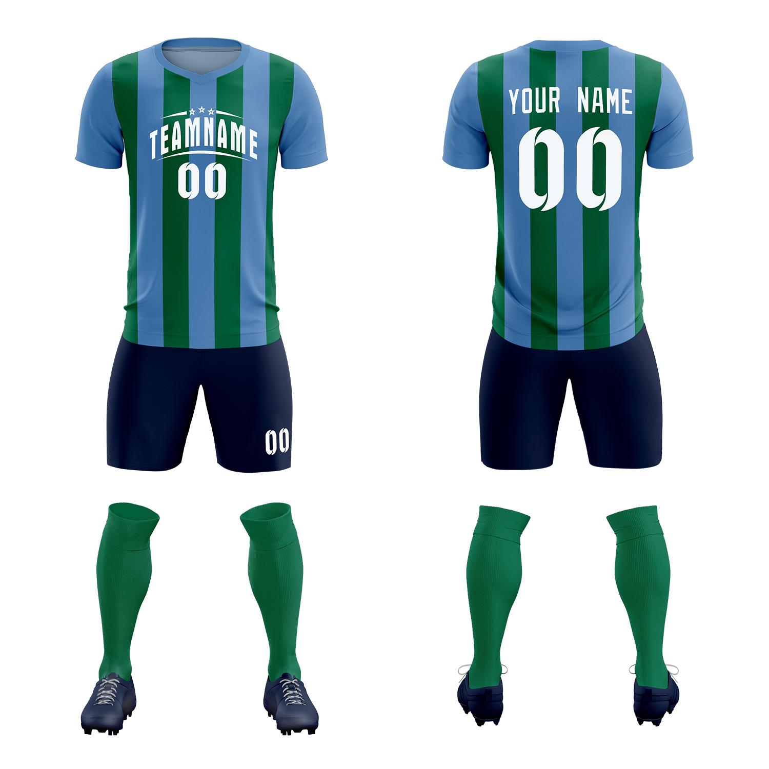 Custom Light Blue Kelly Green Vertical Stripes Casual Outdoor Football Kits Jersey