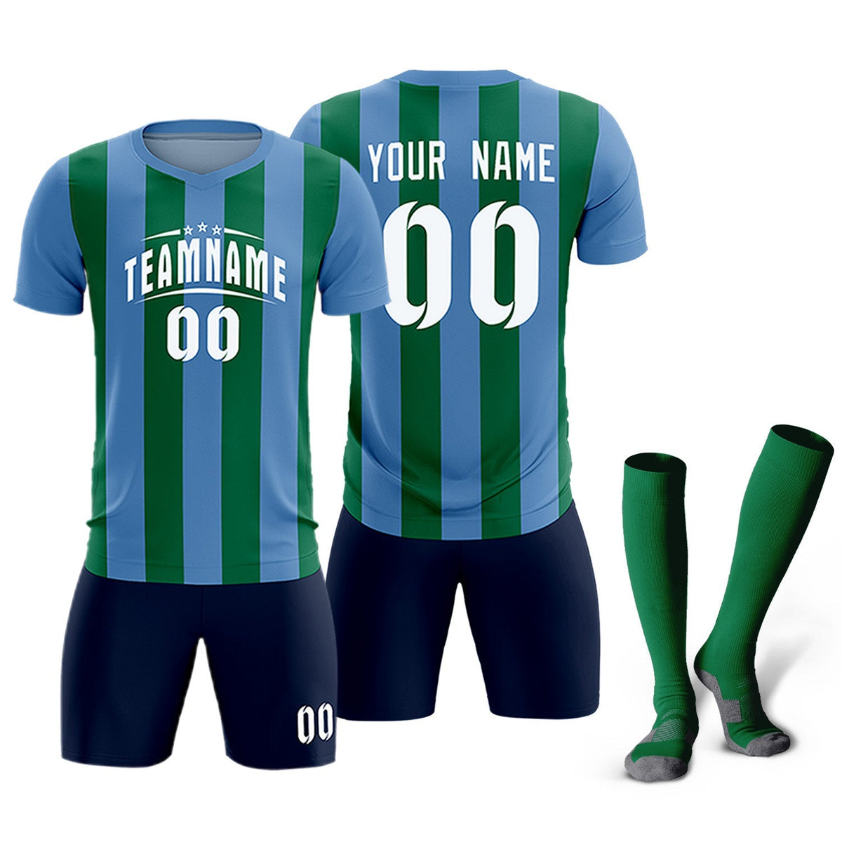 Custom Light Blue Kelly Green Vertical Stripes Casual Outdoor Football Kits Jersey