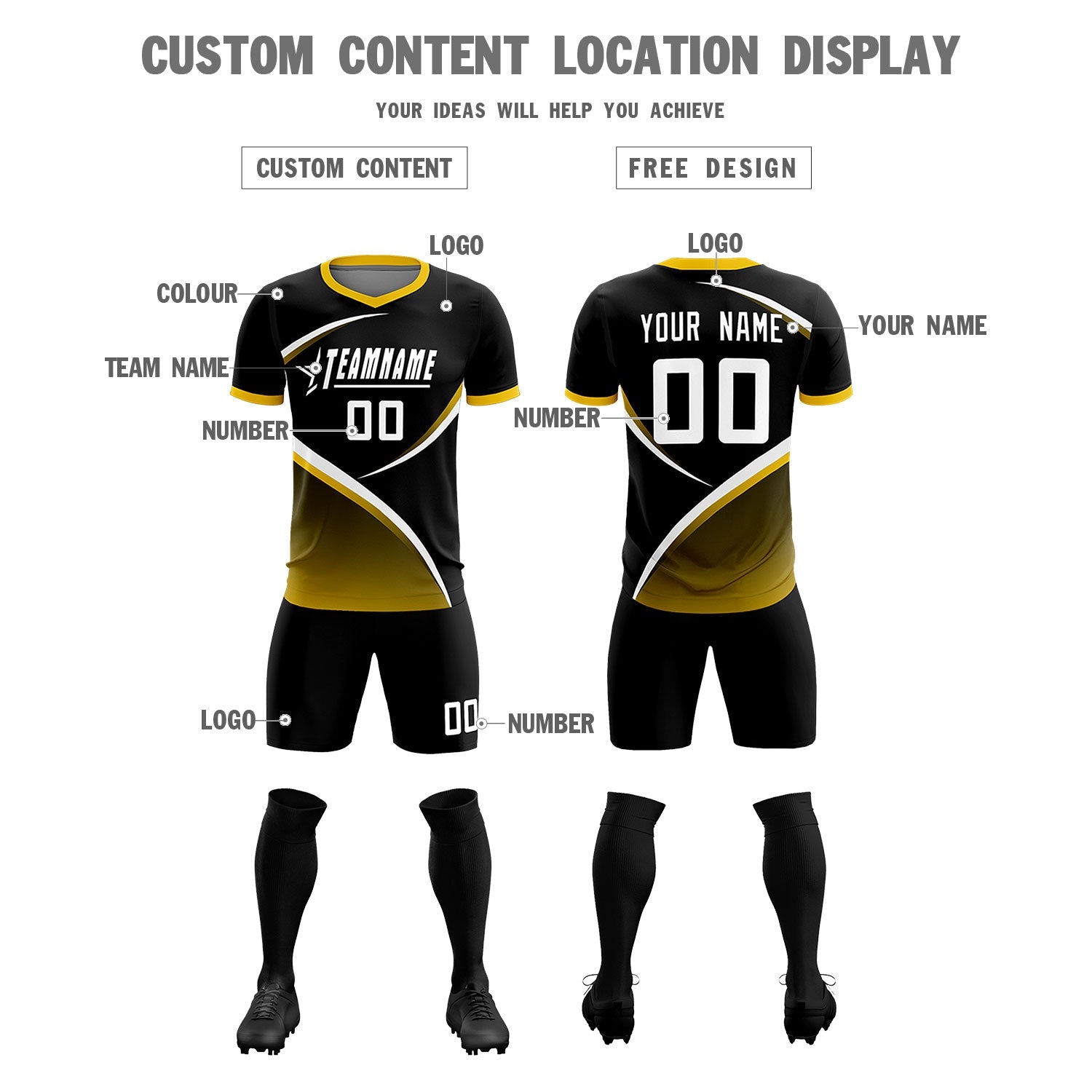 Custom Black Gold Color Block Training Uniform For Men Soccer Sets Jersey