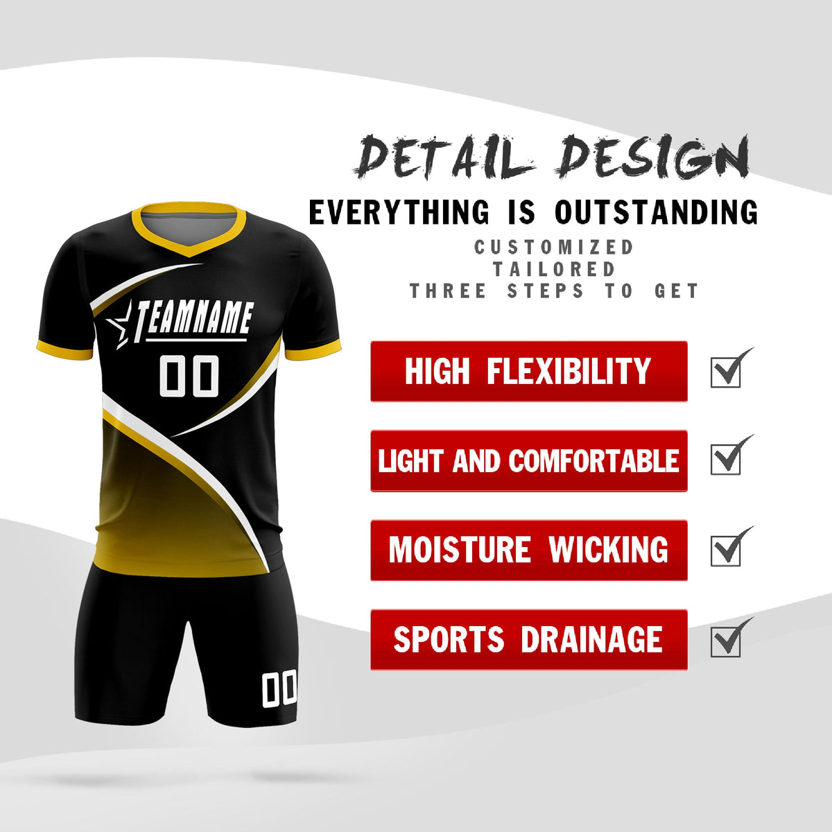 Custom Black Gold Color Block Training Uniform For Men Soccer Sets Jersey