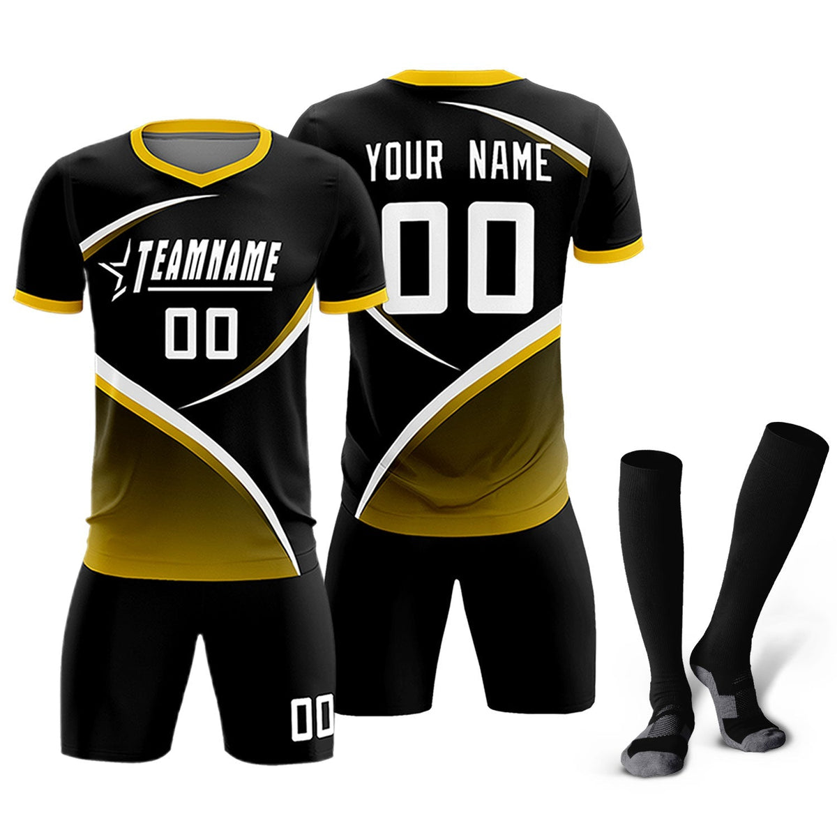 Custom Black Gold Color Block Training Uniform For Men Soccer Sets Jersey