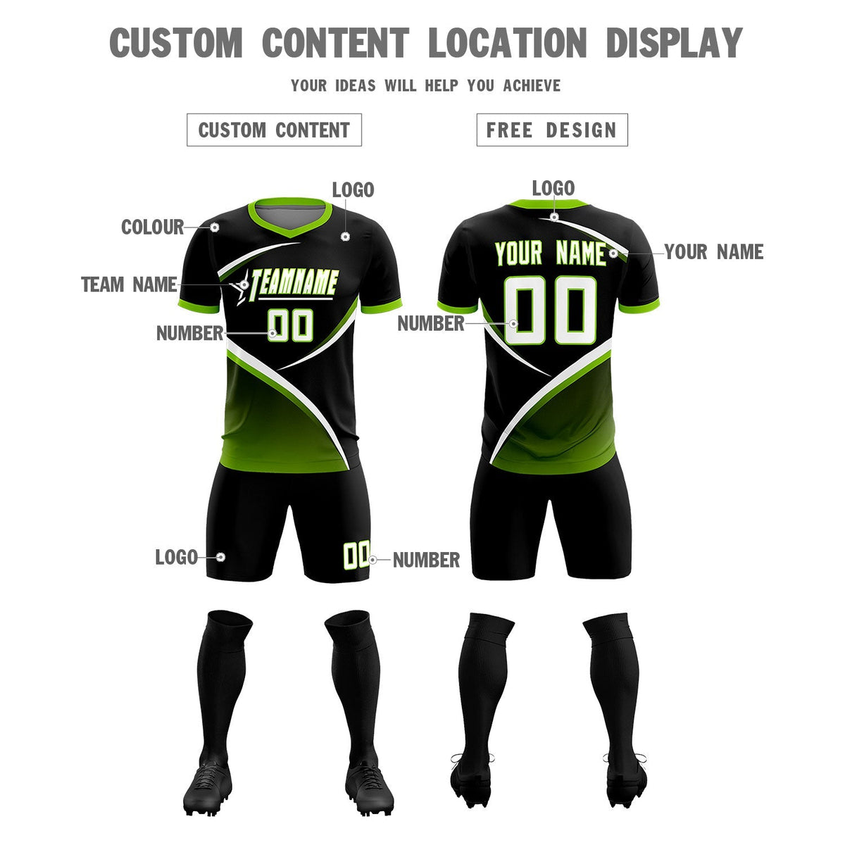 Custom Black Neon Green Color Block Training Uniform For Men Soccer Sets Jersey