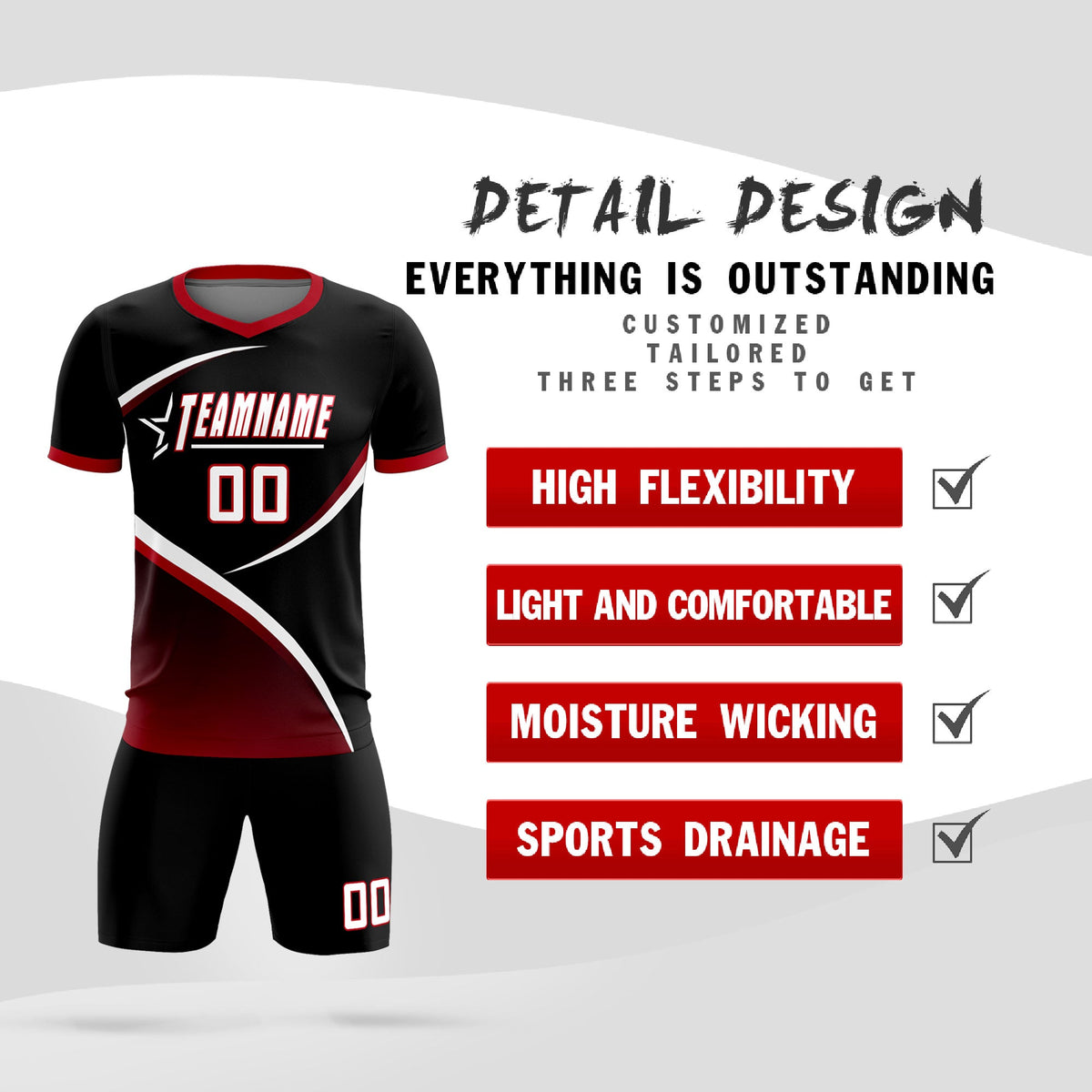 Custom Black Red Color Block Training Uniform For Men Soccer Sets Jersey