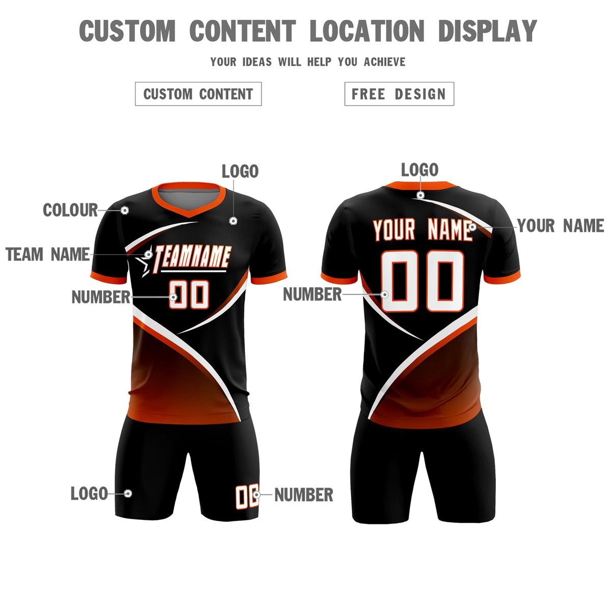 Custom Black Orange Color Block Training Uniform For Men Soccer Sets Jersey