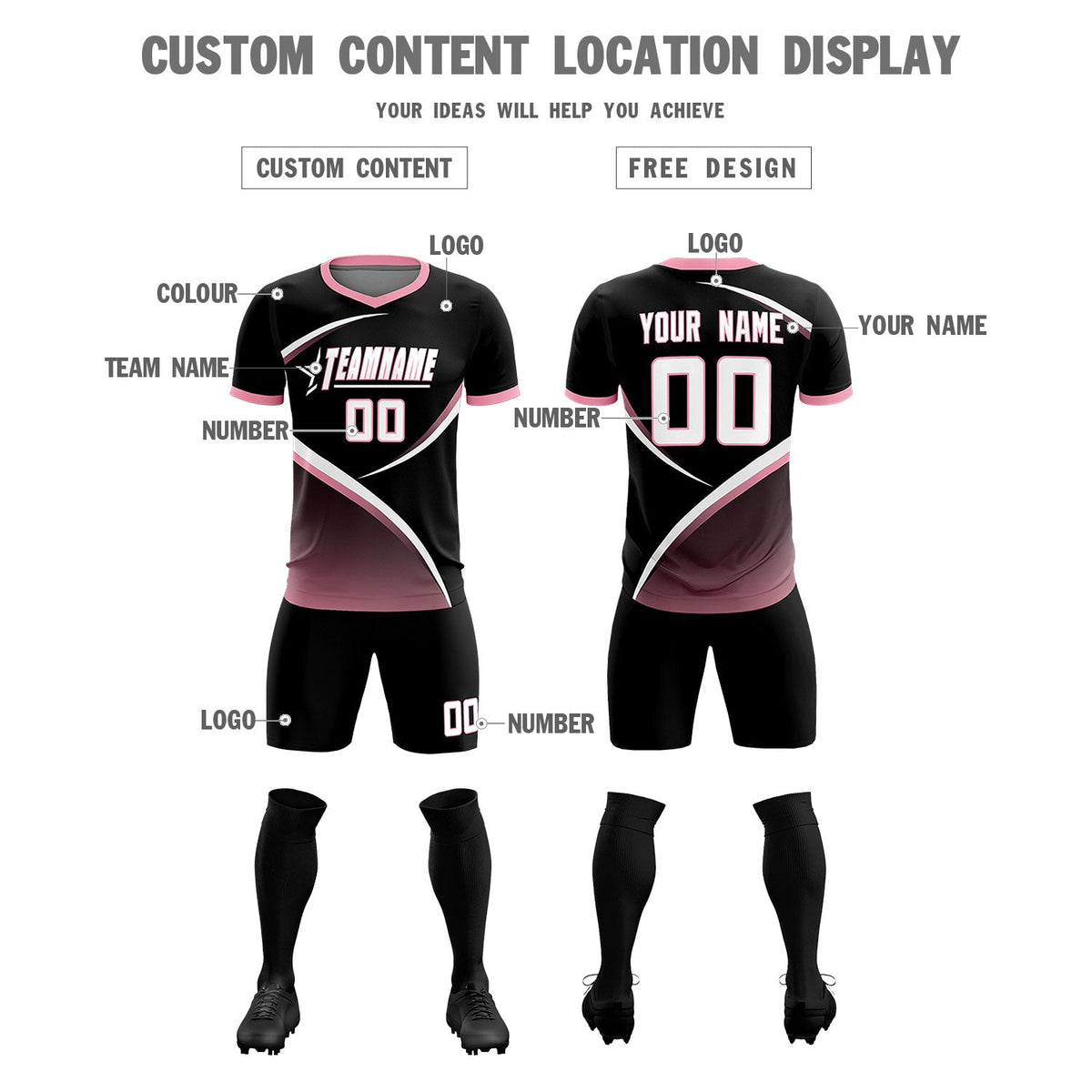 Custom Black Light Pink Color Block Training Uniform For Men Soccer Sets Jersey