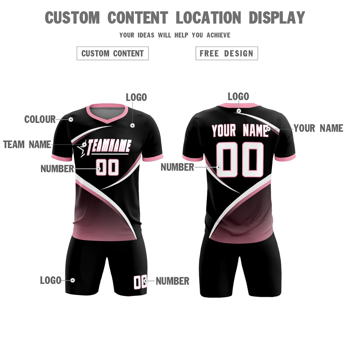 Custom Black Light Pink Color Block Training Uniform For Men Soccer Sets Jersey