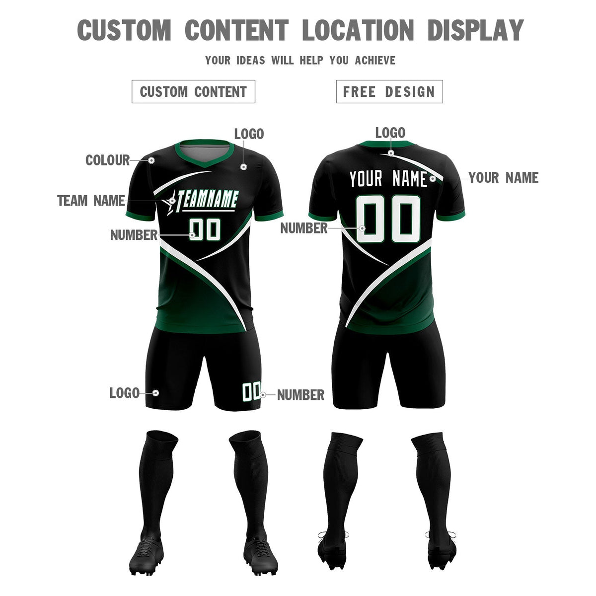 Custom Black Kelly Green Color Block Training Uniform For Men Soccer Sets Jersey