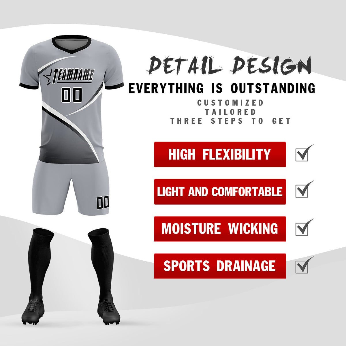 Custom Gray Black Color Block Training Uniform For Men Football Kits Jersey