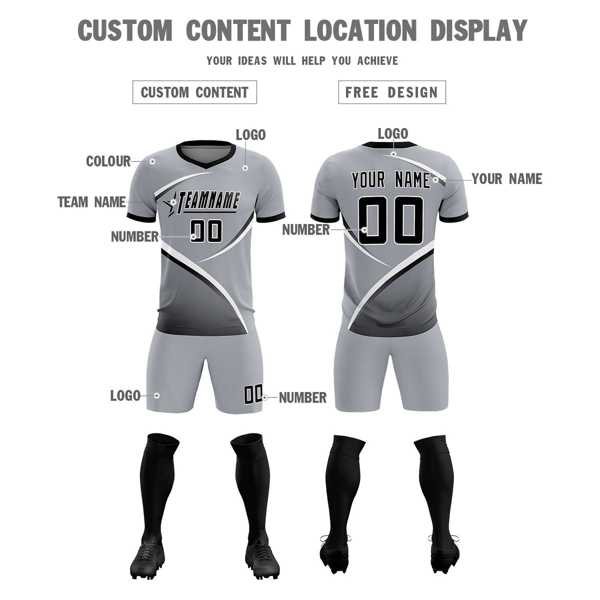 Custom Gray Black Color Block Training Uniform For Men Football Kits Jersey
