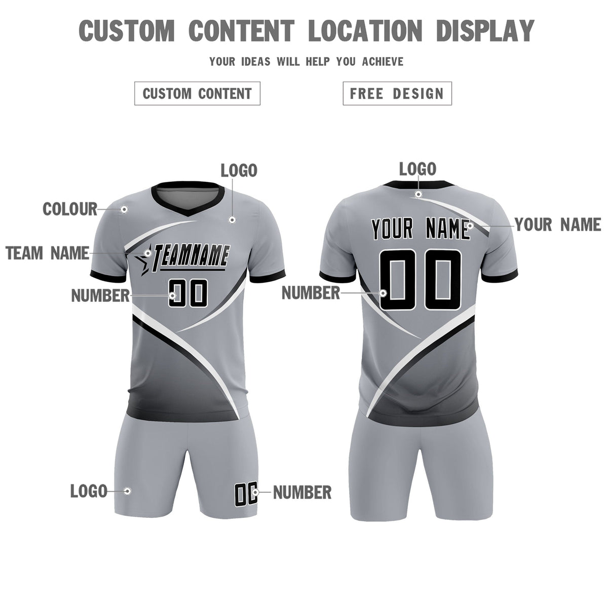 Custom Gray Black Color Block Training Uniform For Men Football Kits Jersey