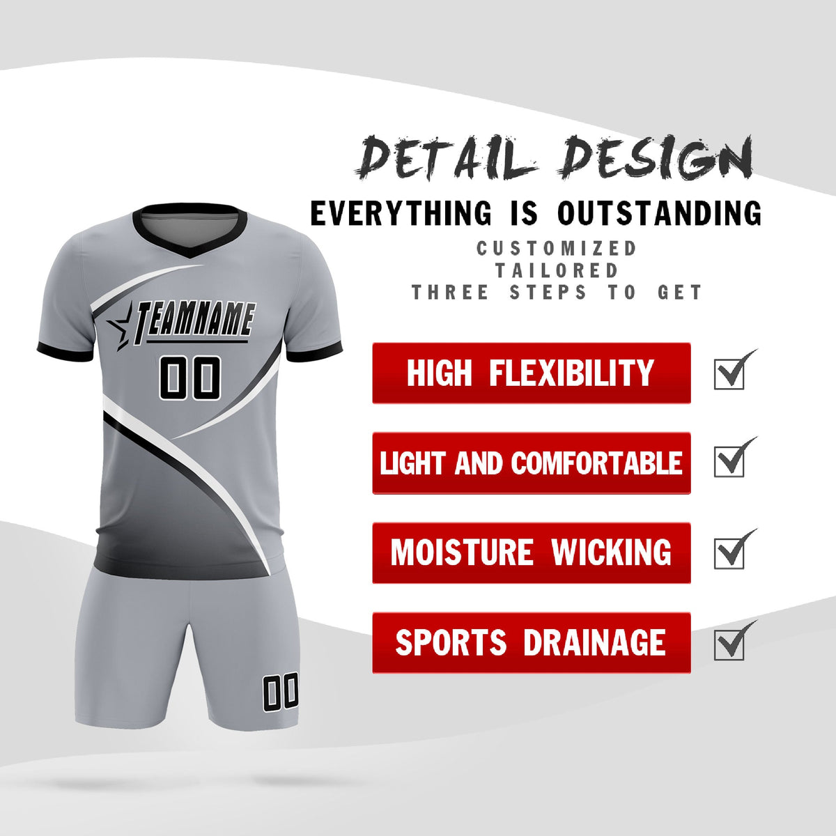 Custom Gray Black Color Block Training Uniform For Men Soccer Sets Jersey