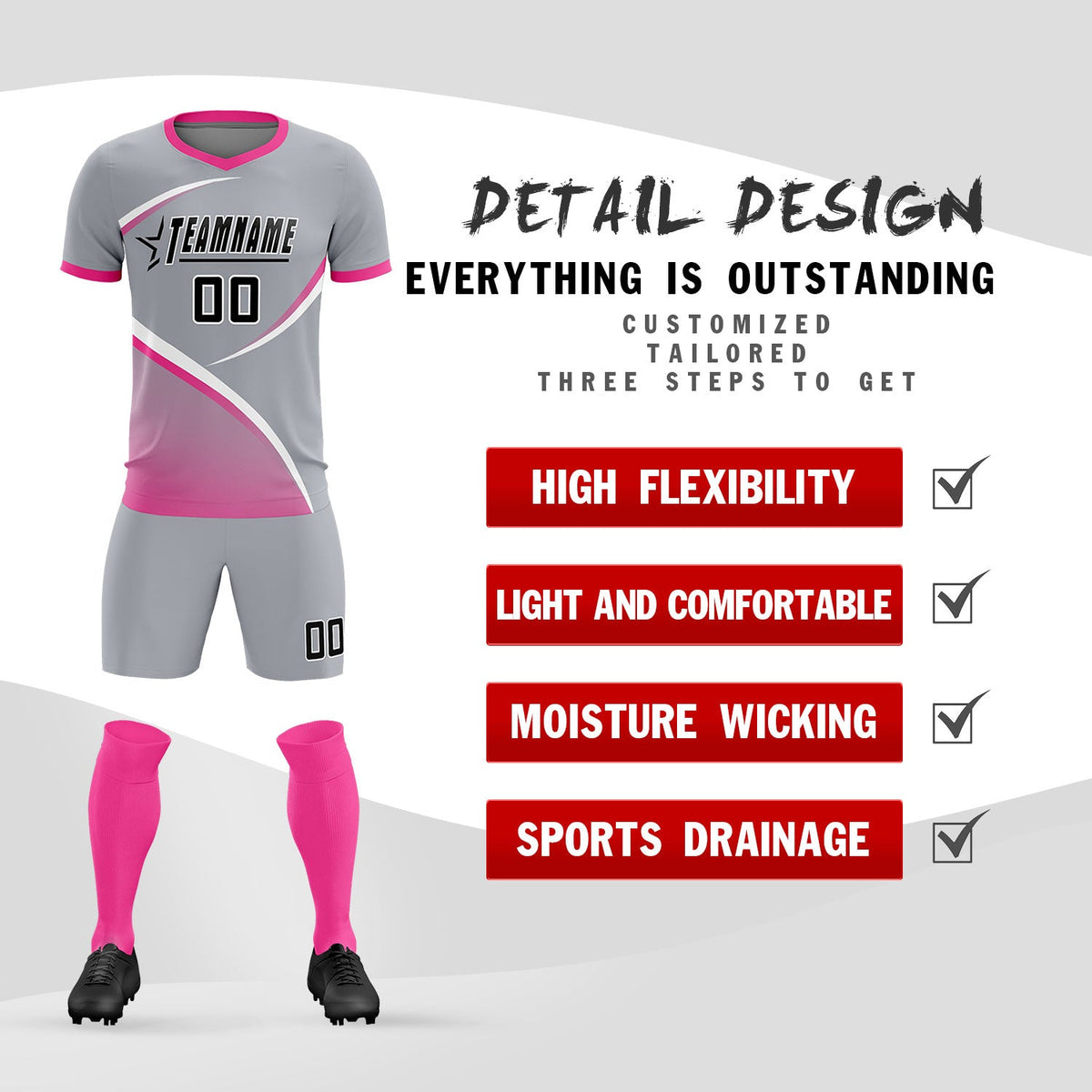 Custom Gray Pink Color Block Training Uniform For Men Football Kits Jersey