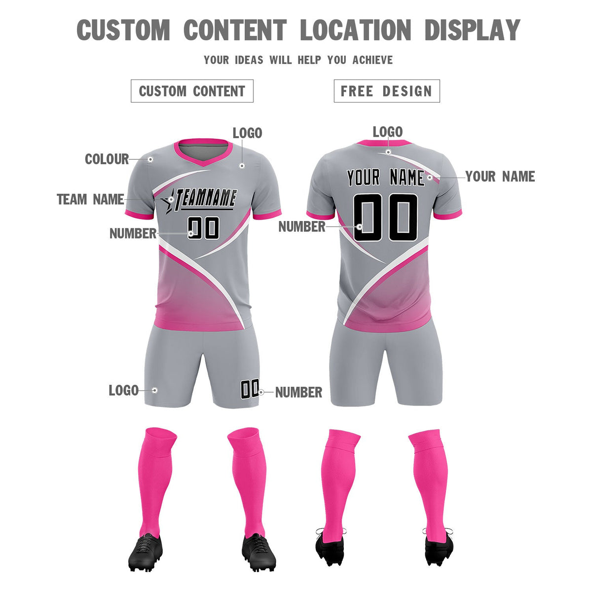 Custom Gray Pink Color Block Training Uniform For Men Soccer Sets Jersey