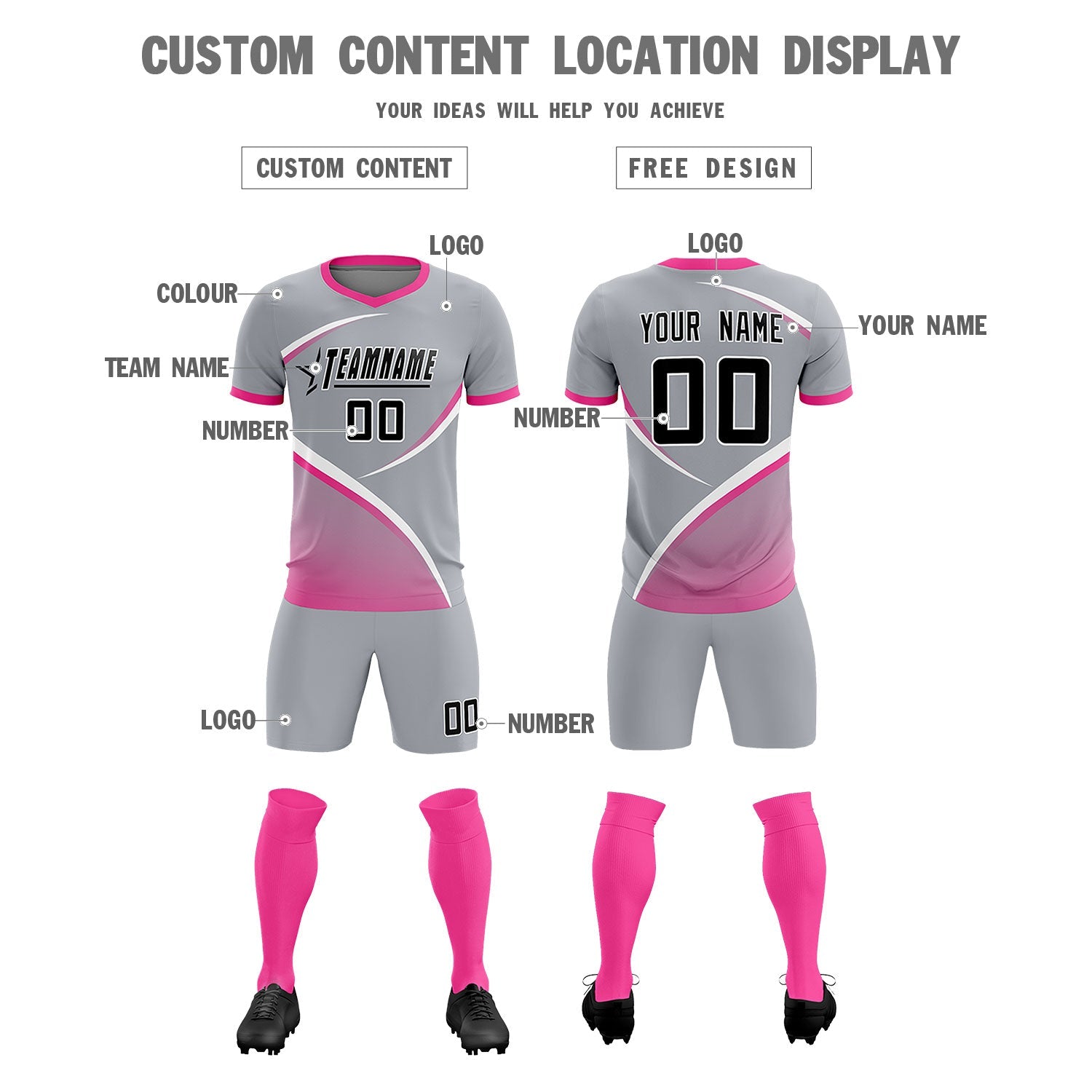 Custom Gray Pink Color Block Training Uniform For Men Soccer Sets Jersey