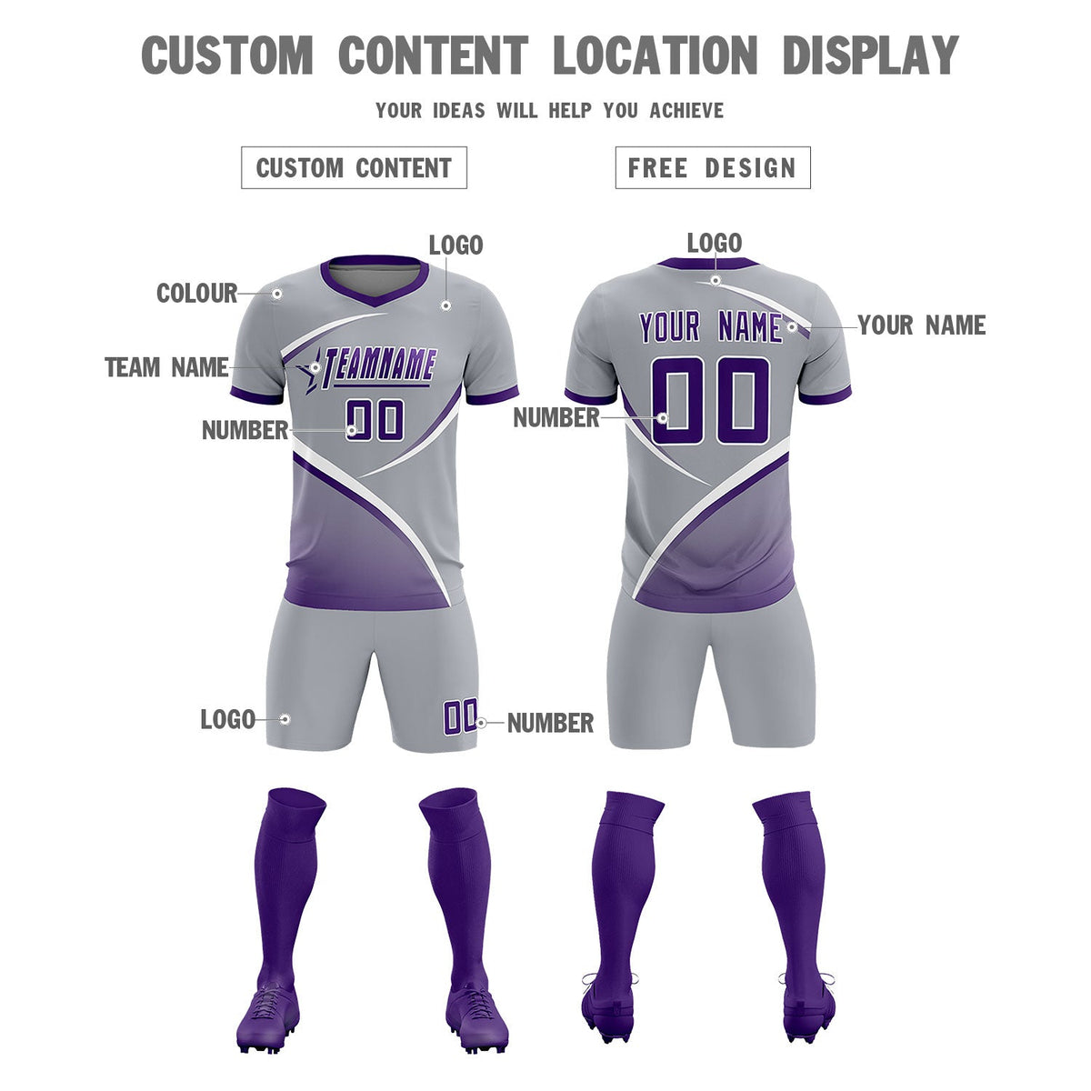 Custom Gray Purple Color Block Training Uniform For Men Football Kits Jersey