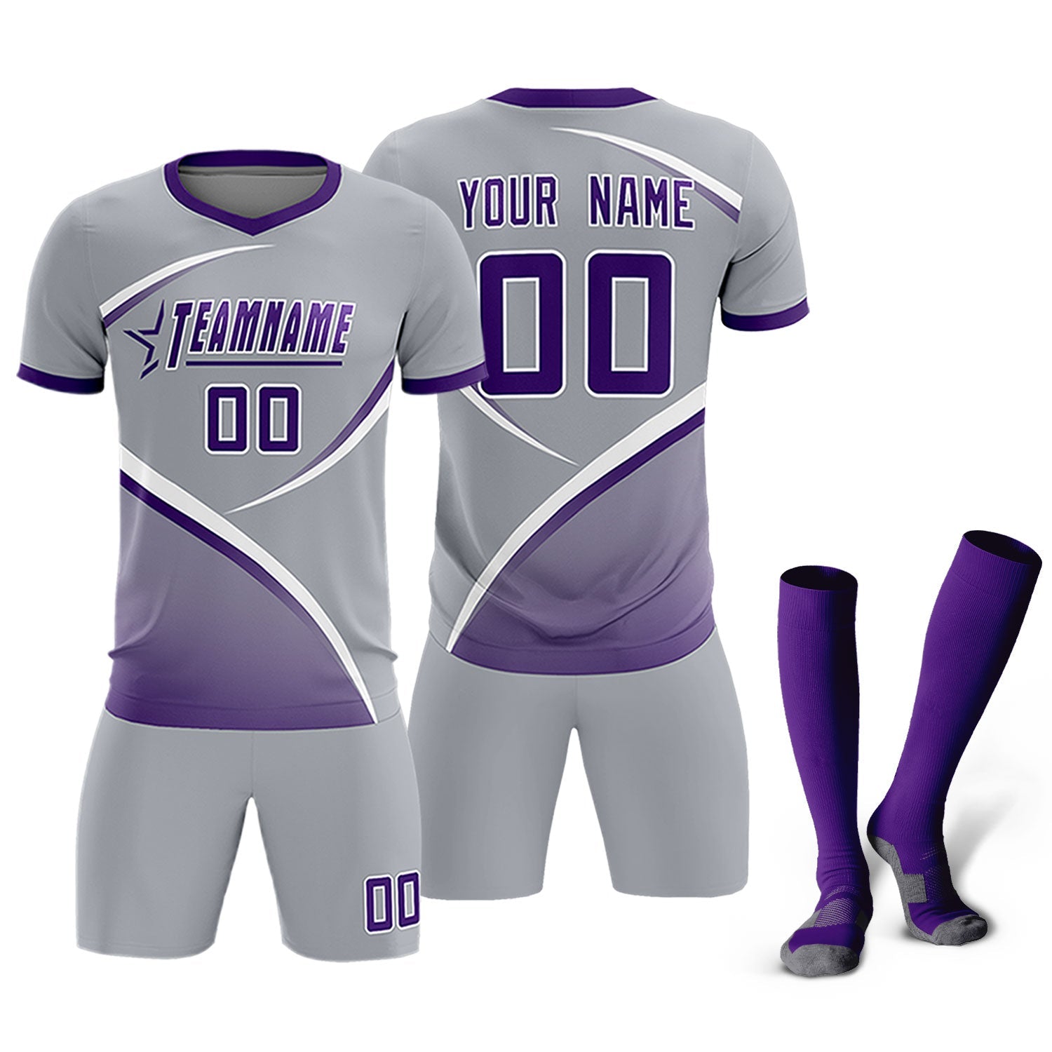 Custom Gray Purple Color Block Training Uniform For Men Soccer Sets Jersey