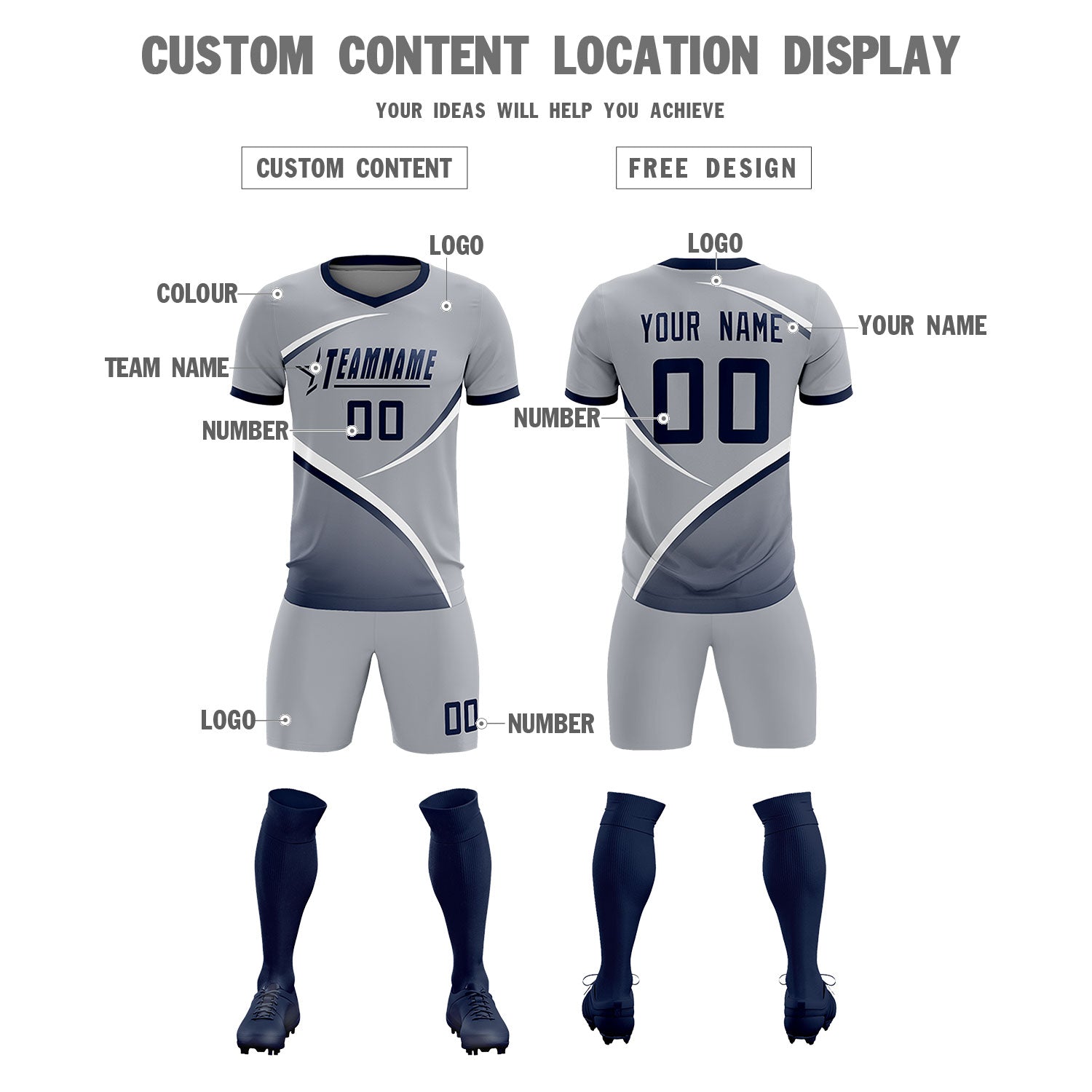 Custom Gray Navy Color Block Training Uniform For Men Soccer Sets Jersey