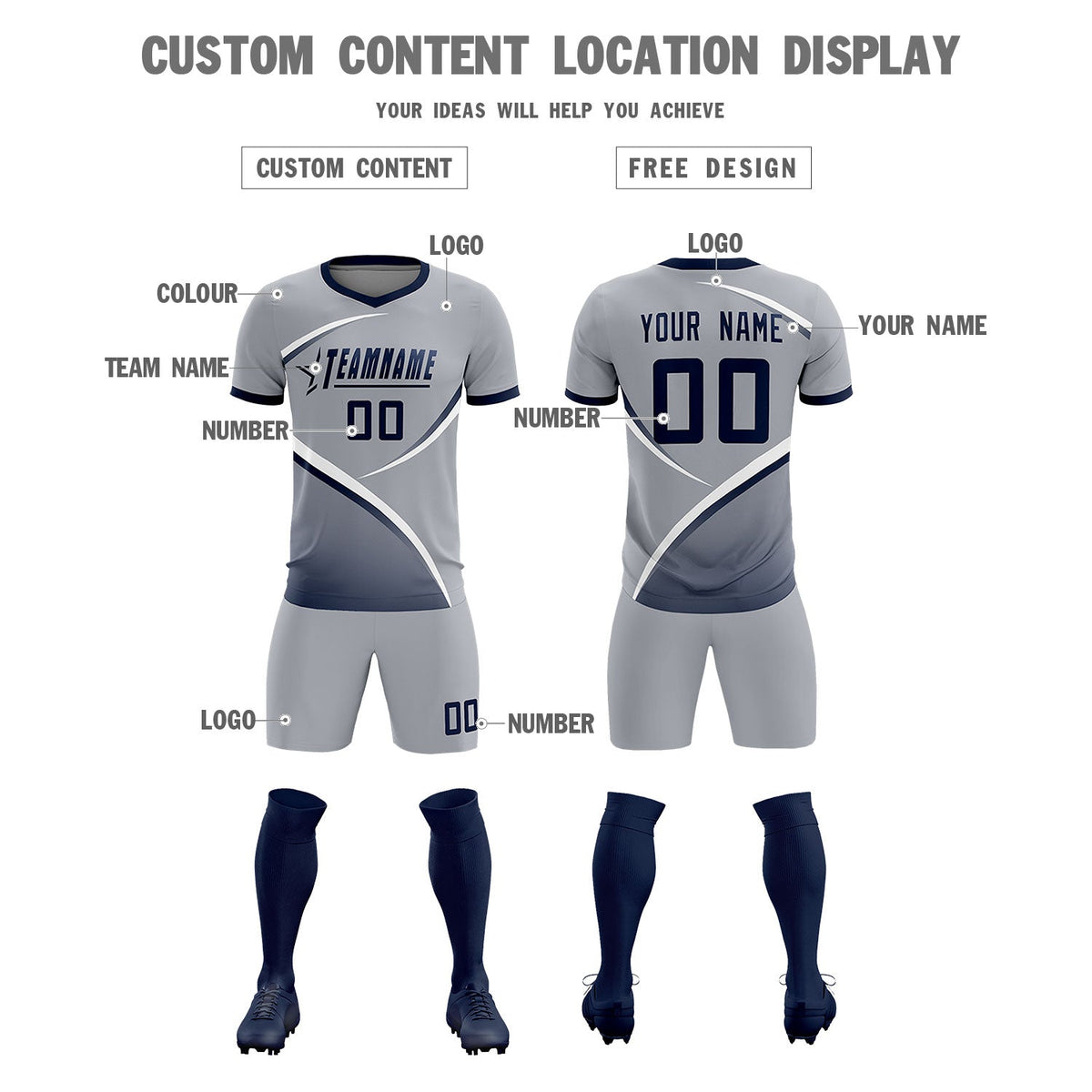 Custom Gray Navy Color Block Training Uniform For Men Football Kits Jersey