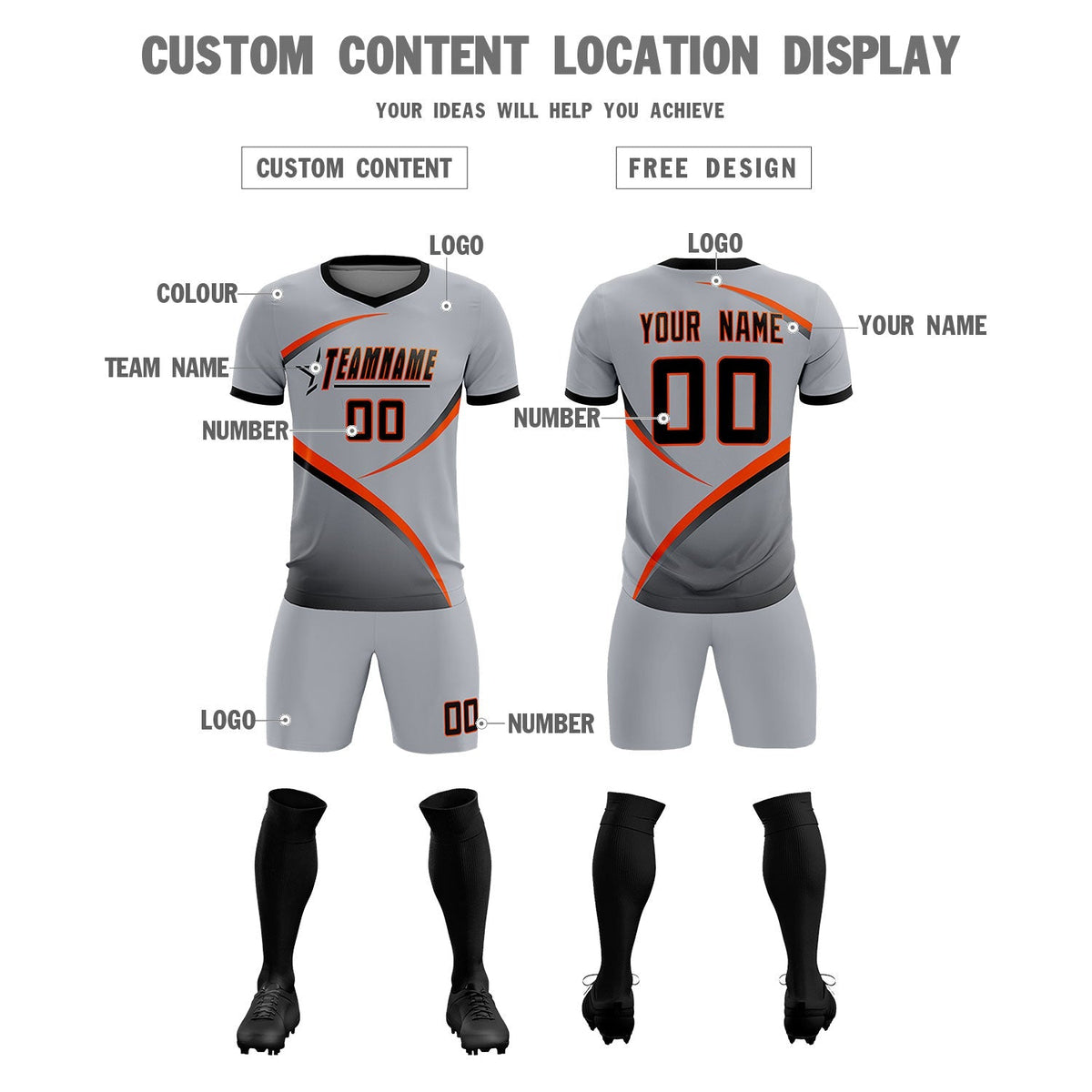 Custom Gray Black Color Block Training Uniform For Men Football Kits Jersey