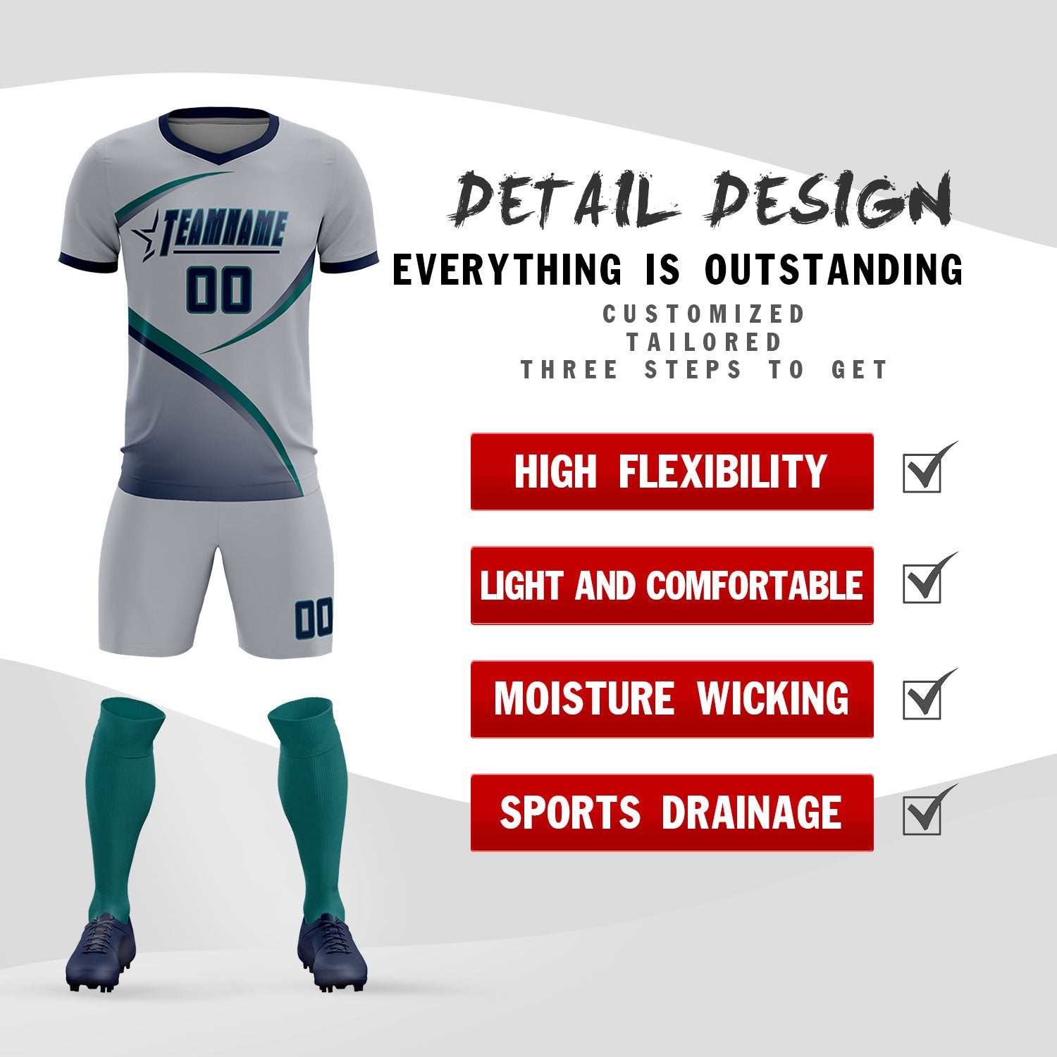 Custom Gray Navy Color Block Training Uniform For Men Soccer Sets Jersey