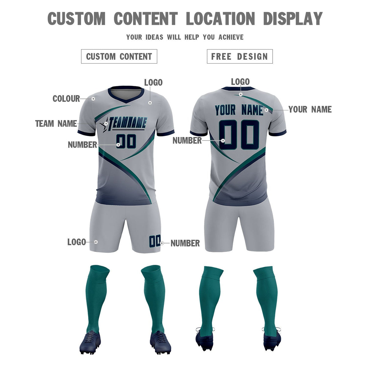 Custom Gray Navy Color Block Training Uniform For Men Football Kits Jersey