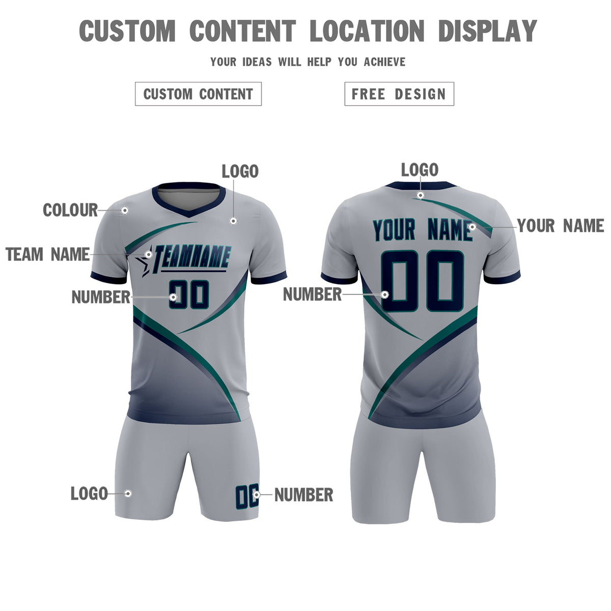 Custom Gray Navy Color Block Training Uniform For Men Football Kits Jersey