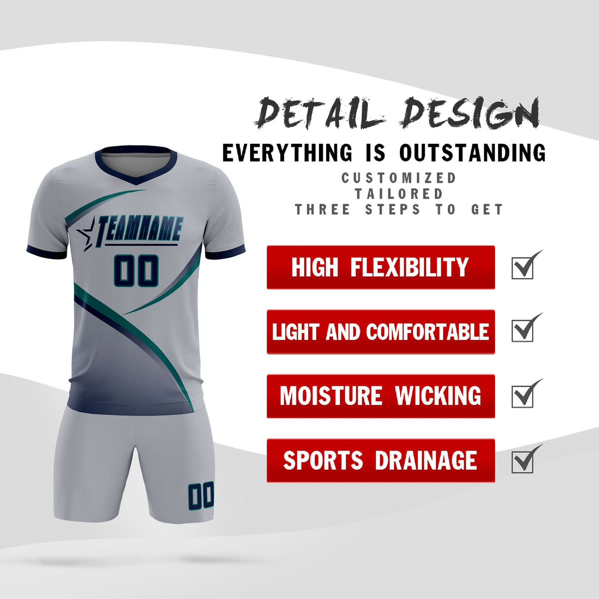 Custom Gray Navy Color Block Training Uniform For Men Football Kits Jersey