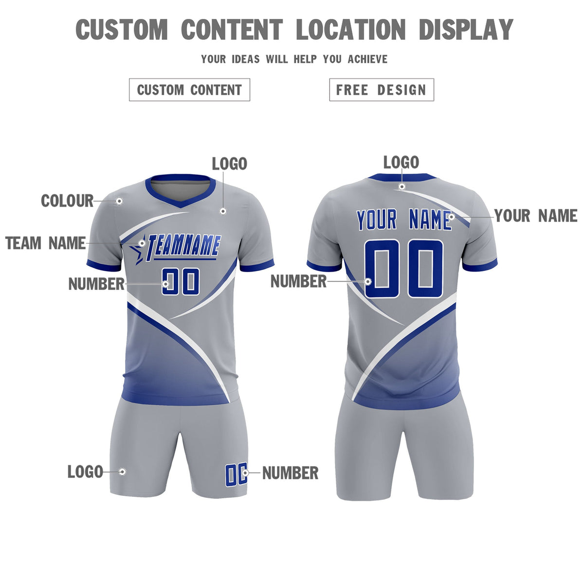 Custom Gray Royal Color Block Training Uniform For Men Football Kits Jersey